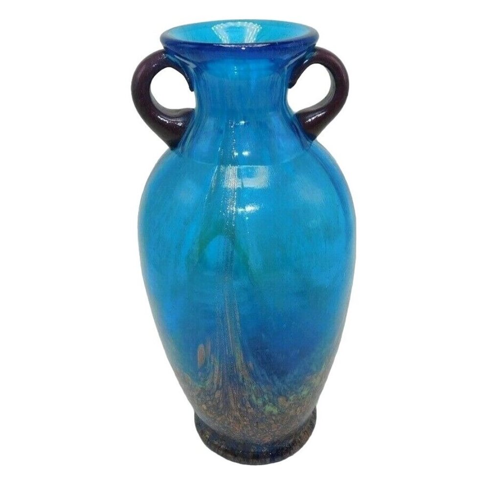 Dale Tiffany Blue Aurene Swirl Art Glass Vase With Copper Aventurine Vintage